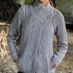 Aran Crafts Irish Merino Wool Crossover Neck Cable Knit Sweater Cardigan XXS